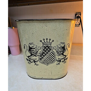 Vtg MCM Heraldic Crest Lion Shield Metal Waste Basket Garbage Trash Can 11.5"